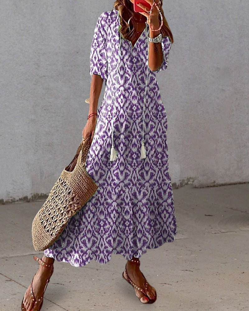Andrea | Boho Vintage V-Neck Printed Dress