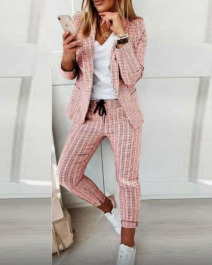Vivienne | Women's 2 Piece Check Blazer and Slim Trouser Suit Set