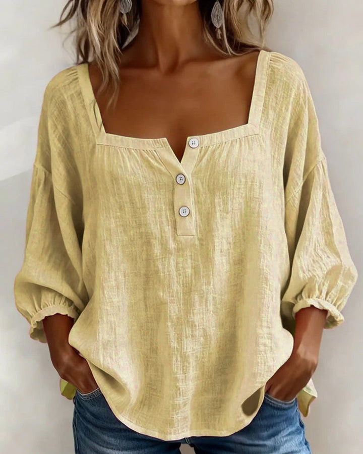 Daisy | Women's Square Neck Puff Sleeve Linen Blouse 3/4 Sleeve