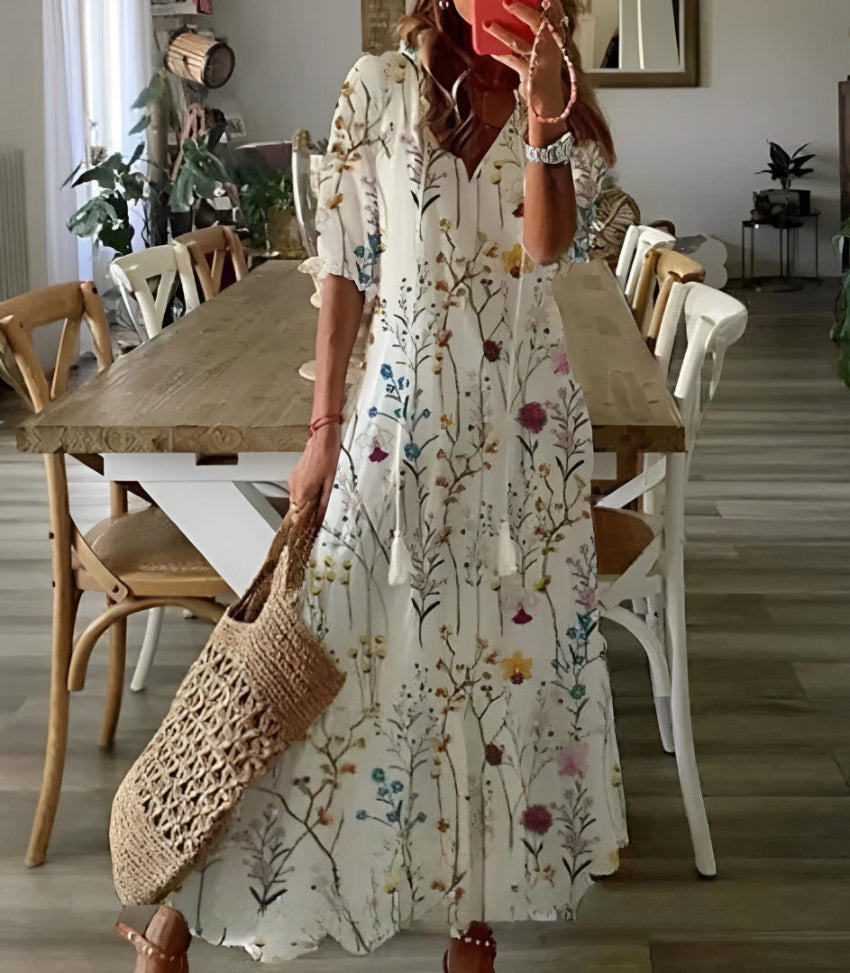Andrea | Boho Vintage V-Neck Printed Dress