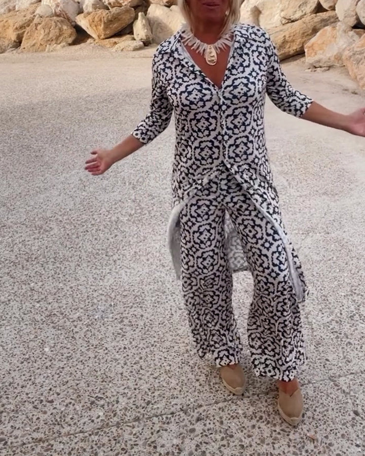 Jade | Women's 2 Piece Printed Wide Leg Trouser Set 3/4 Sleeve