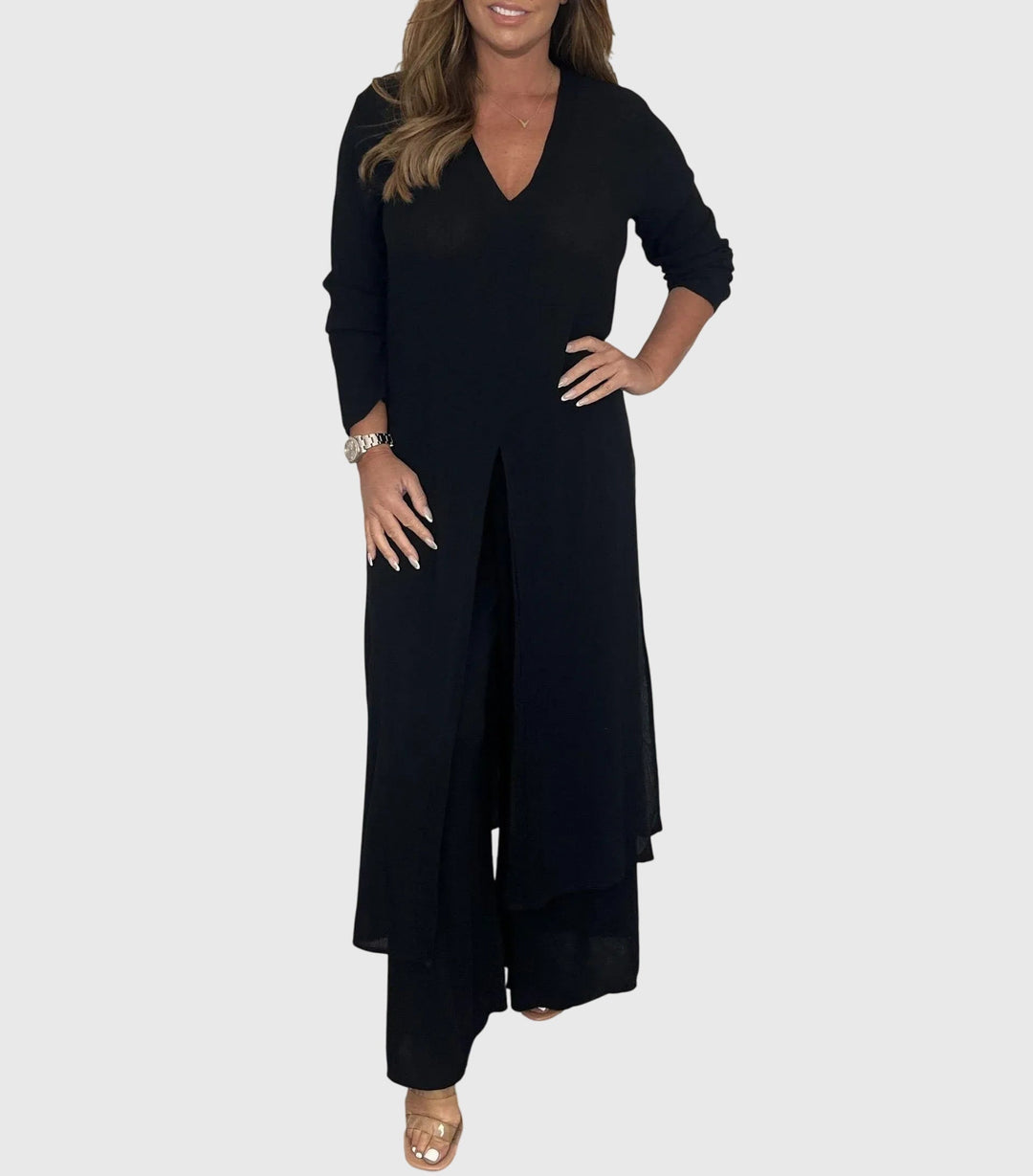 Serena | Women's Longline Cardigan Wide Leg Trousers Two-Piece Set