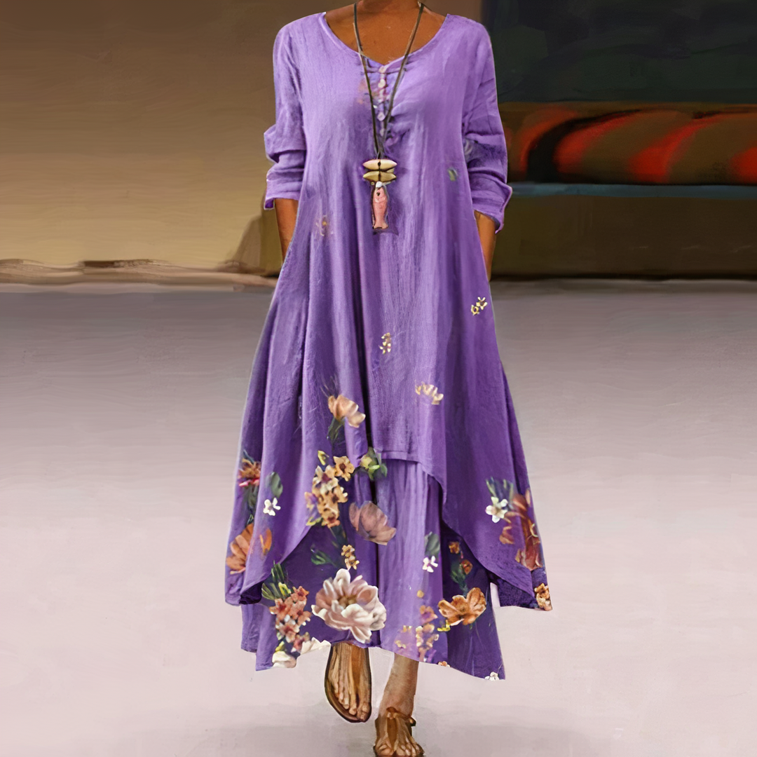 Celeste | Women's Floral Maxi Dress with Long Sleeves & Asymmetric Hem