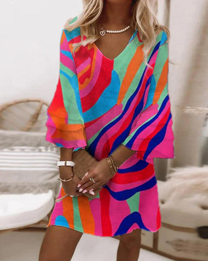 Zara | Women's V-Neck Bell Sleeve Multicolour Print Mini Dress