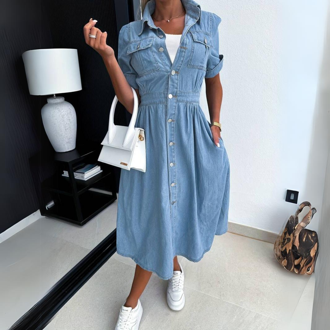Demi | Women's Denim Shirt Dress Button Front Midi Skirt