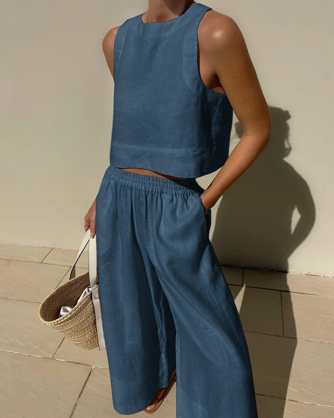 Fayenne | Women's Linen Two-Piece Set Sleeveless Tank Top & Wide-Leg Shorts