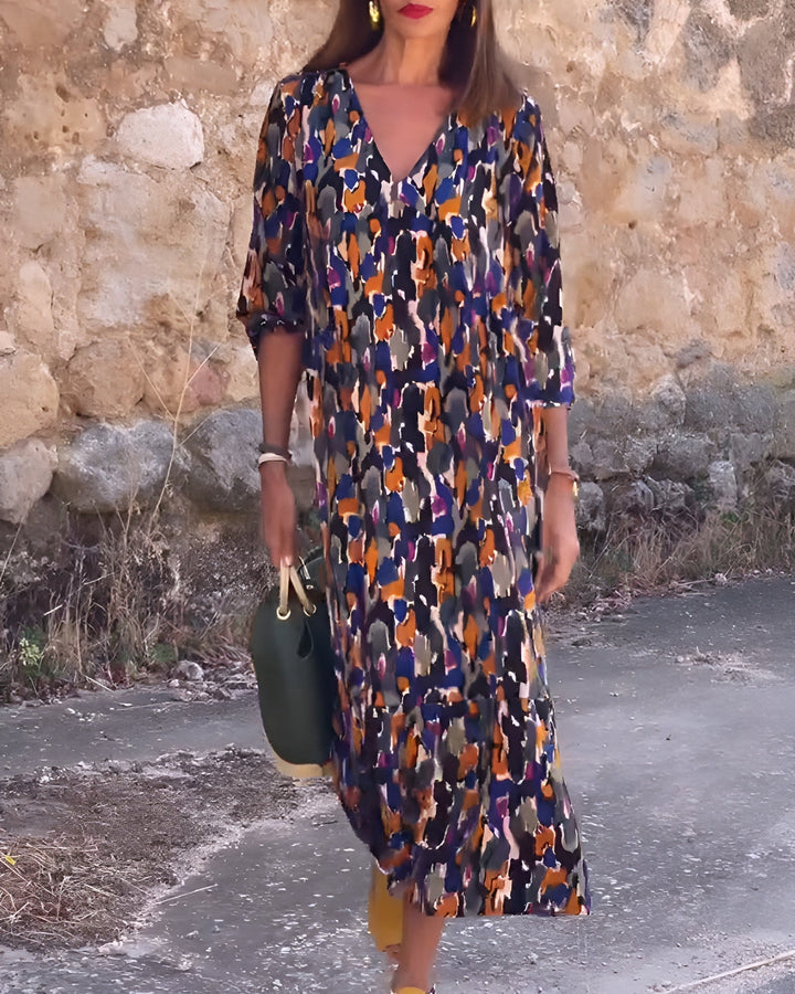 Nathalie™ | Retro Print V-Neck Dress