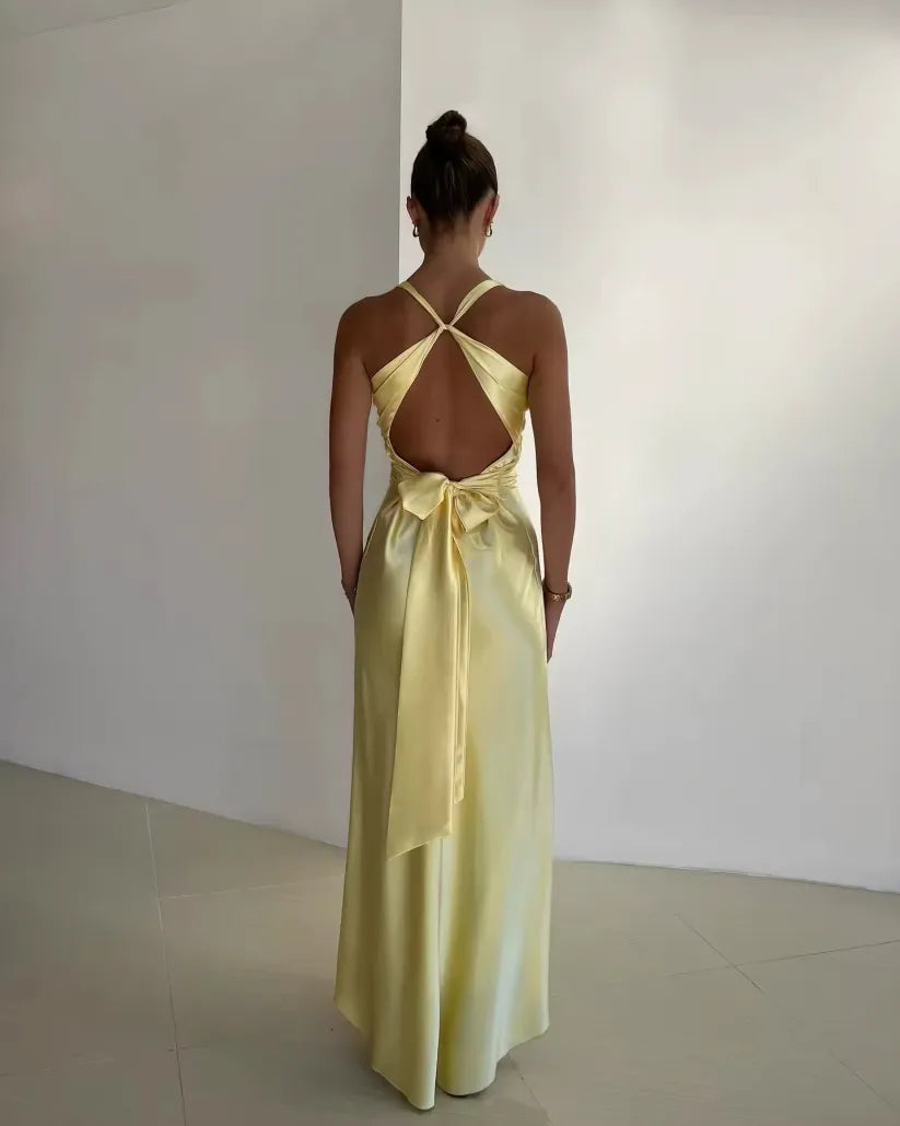 Rosalyn™ | V-Neck Satin Bow Backless Maxi Dress