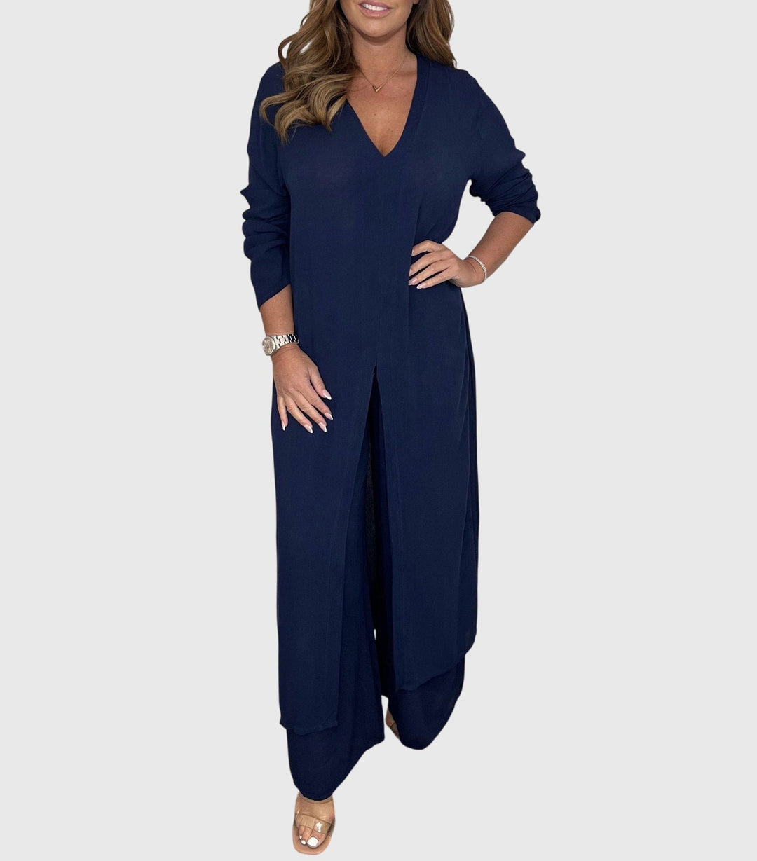 Serena | Women's Longline Cardigan Wide Leg Trousers Two-Piece Set