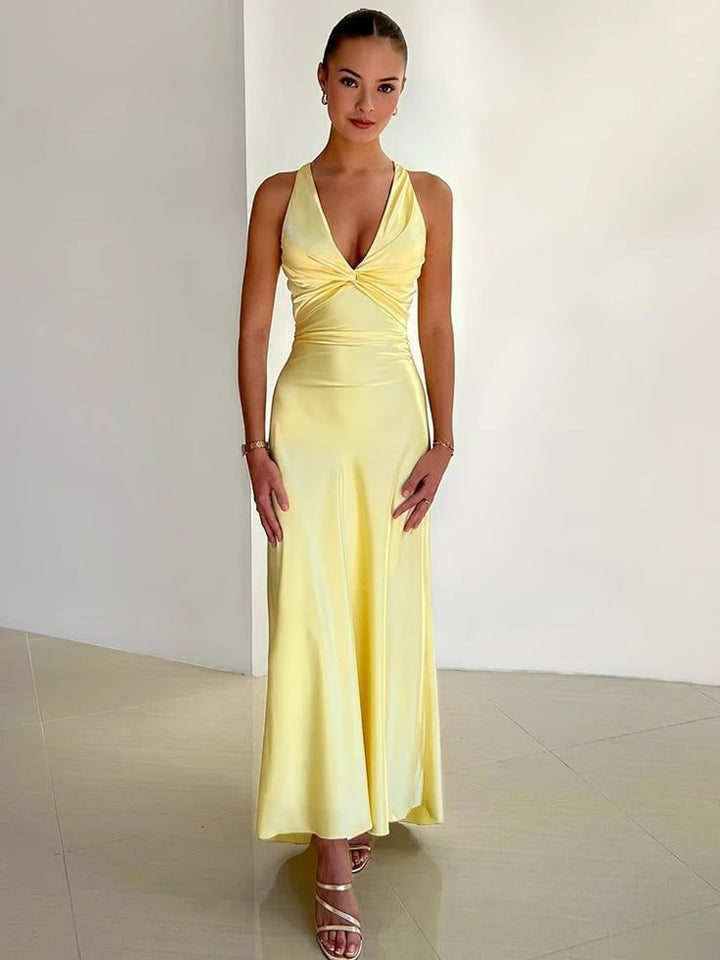 Rosalyn™ | V-Neck Satin Bow Backless Maxi Dress
