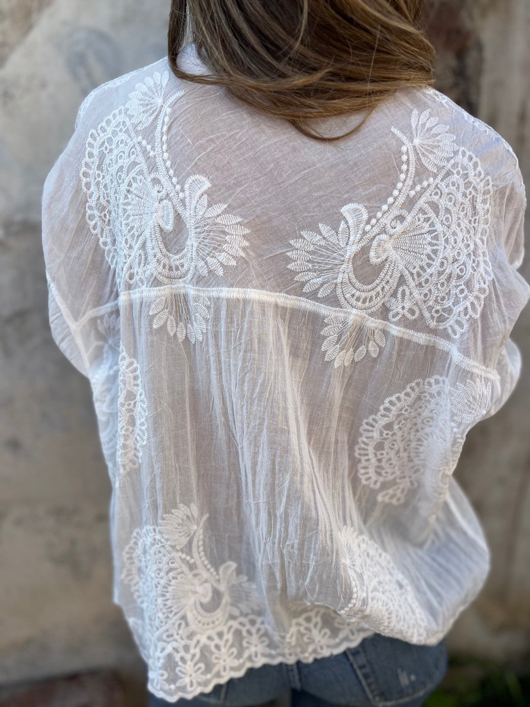 Belle | Women's Lace Embroidered Button Up Blouse 3/4 Sleeve