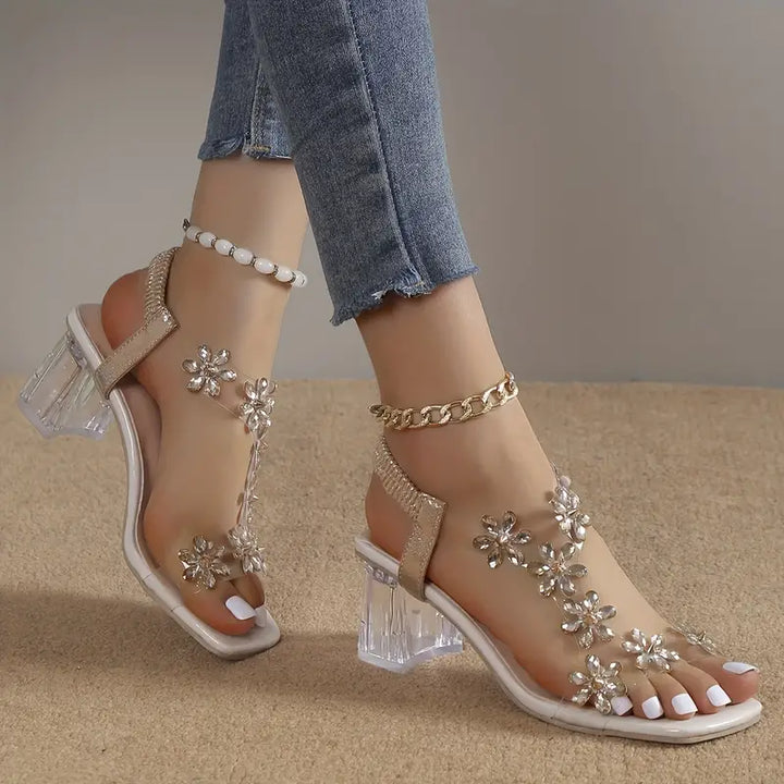 Frieda™ | Women's Flower Rhinestone Block Heel Sandals