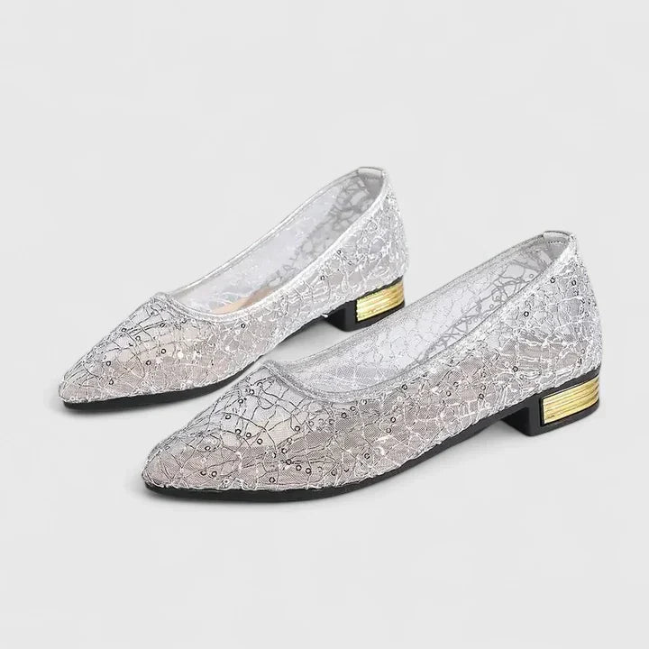 Celeste | Women's Lace Pointed Toe Flats Gold Heel Detail