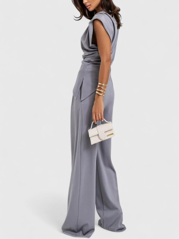 Aria | Women's Draped Sleeveless Top Wide Leg Trousers Set
