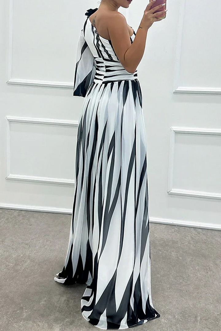 Chloe | Elegant Striped One Shoulder Maxi Dress