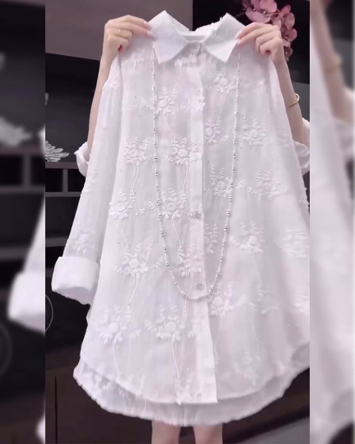 Anneliese™ | Embroidered Solid Color Shirt with Dropped Shoulders