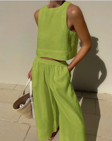Fayenne | Women's Linen Two-Piece Set Sleeveless Tank Top & Wide-Leg Shorts