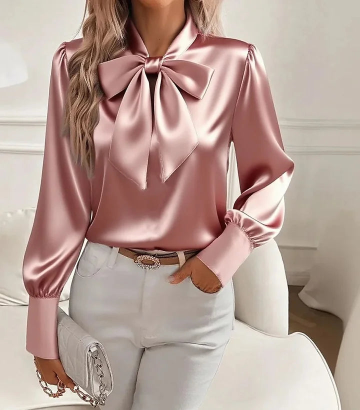 Caldris | Women's Satin Bow Neck Long Sleeve Blouse - Image 4