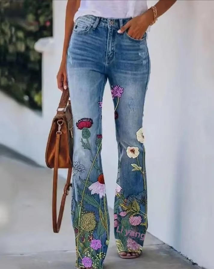 Dani | Women's Floral Print High Waist Straight Leg Jeans
