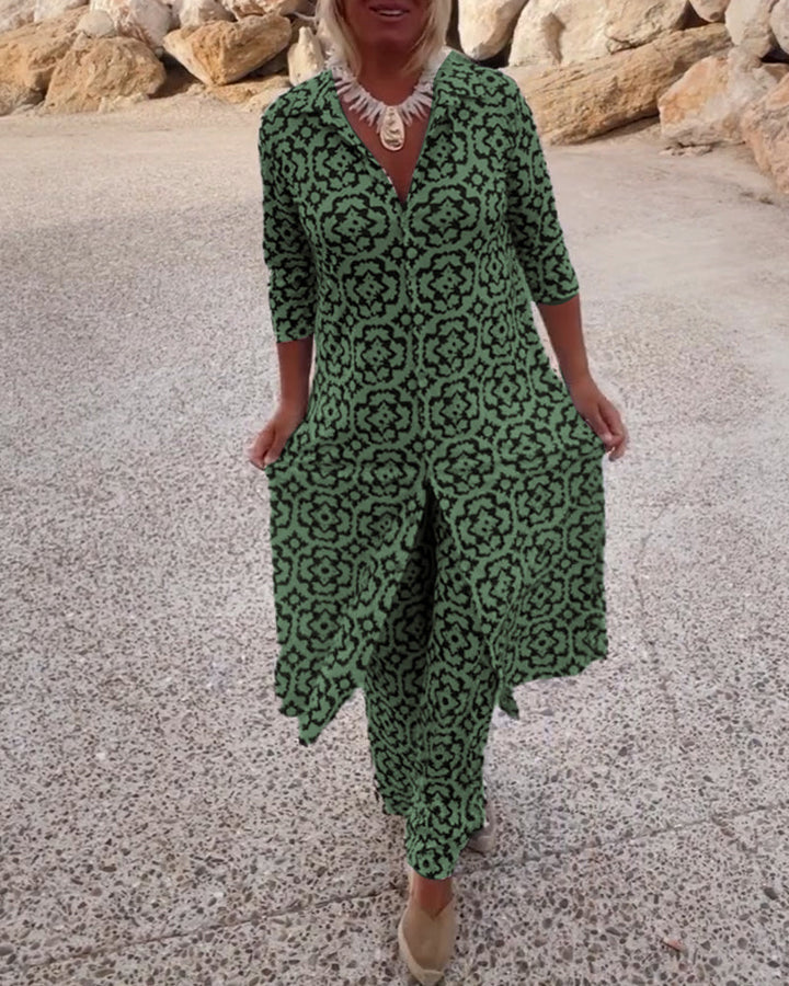 Livia | Women's Printed Two-Piece Set V-Neck Blouse & Wide-Leg Trousers