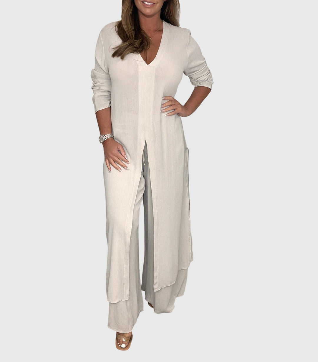 Serena | Women's Longline Cardigan Wide Leg Trousers Two-Piece Set
