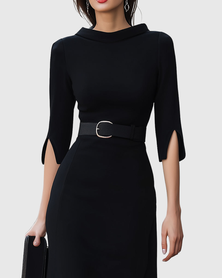 Harper | Women's Belted High Neck Midi Dress Split Sleeve