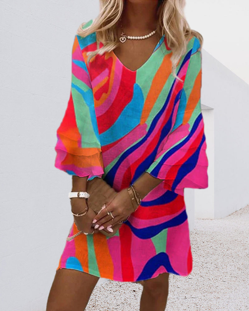 Zara | Women's V-Neck Bell Sleeve Multicolour Print Mini Dress