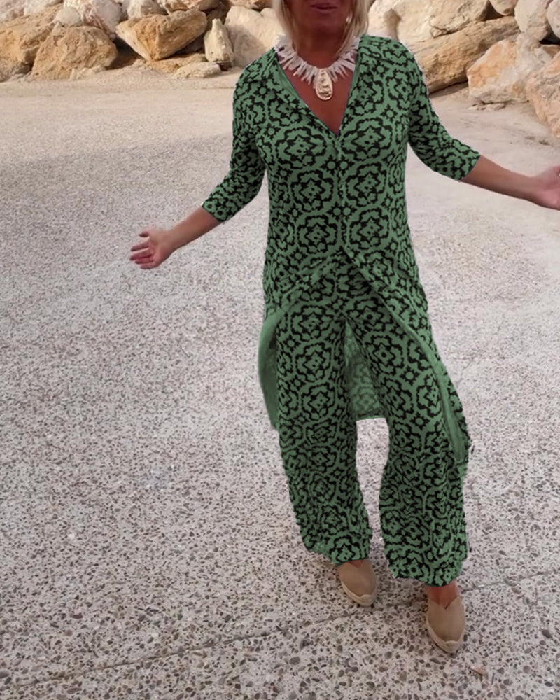 Jade | Women's 2 Piece Printed Wide Leg Trouser Set 3/4 Sleeve