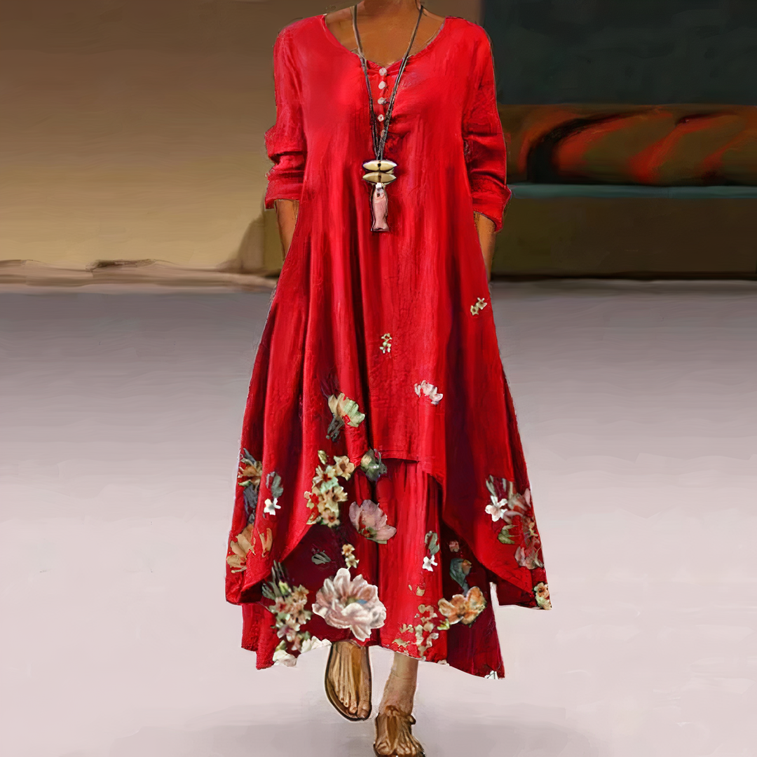 Celeste | Women's Floral Maxi Dress with Long Sleeves & Asymmetric Hem
