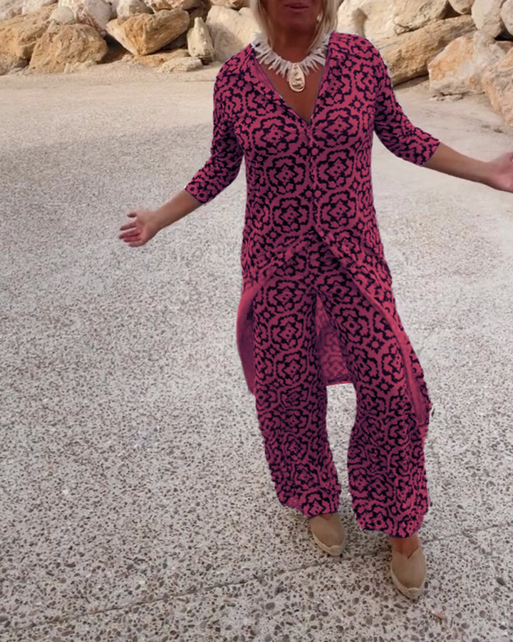 Jade | Women's 2 Piece Printed Wide Leg Trouser Set 3/4 Sleeve