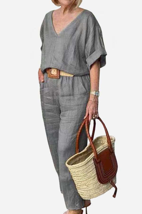 Lena | Women's V-Neck Two-Piece Set Short Sleeve Top Straight Pants