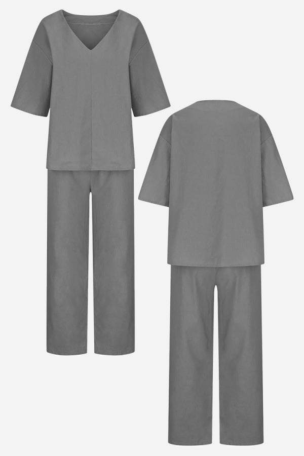 Lena | Women's V-Neck Two-Piece Set Short Sleeve Top Straight Pants
