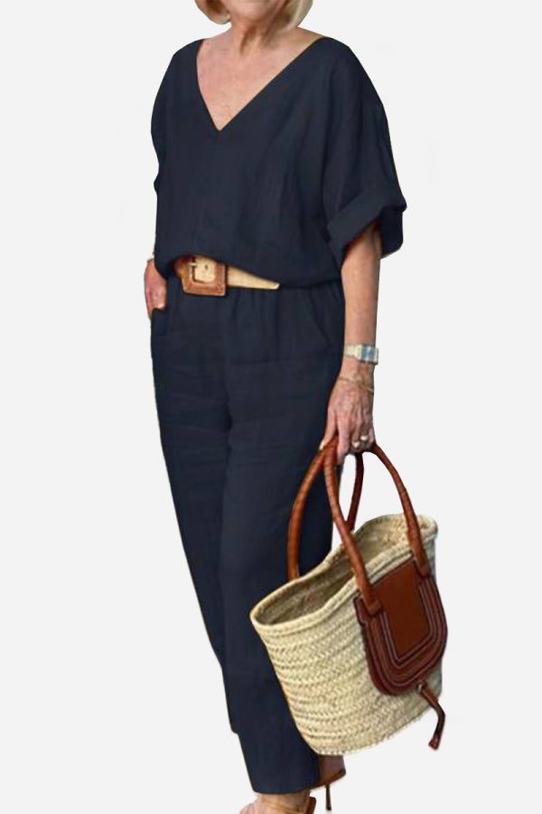 Lena | Women's V-Neck Two-Piece Set Short Sleeve Top Straight Pants