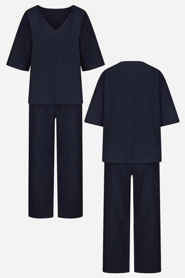 Lena | Women's V-Neck Two-Piece Set Short Sleeve Top Straight Pants