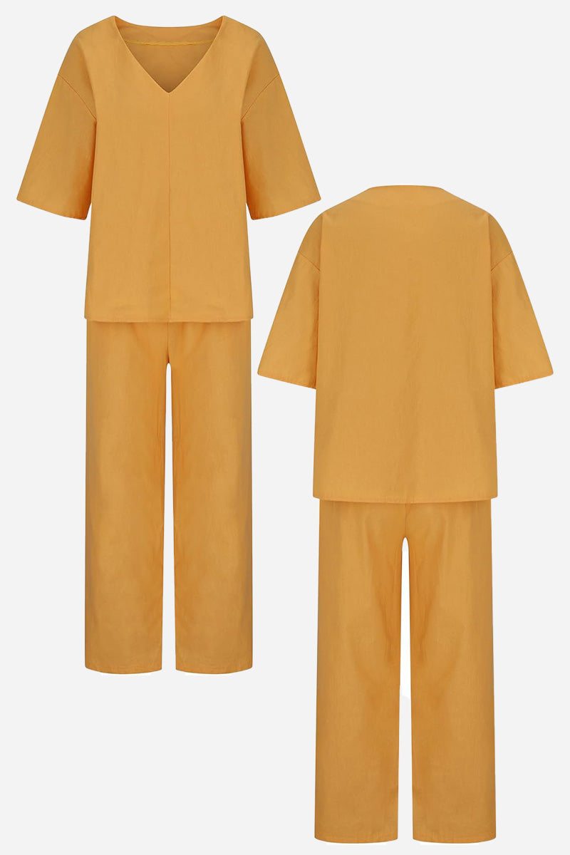 Lena | Women's V-Neck Two-Piece Set Short Sleeve Top Straight Pants