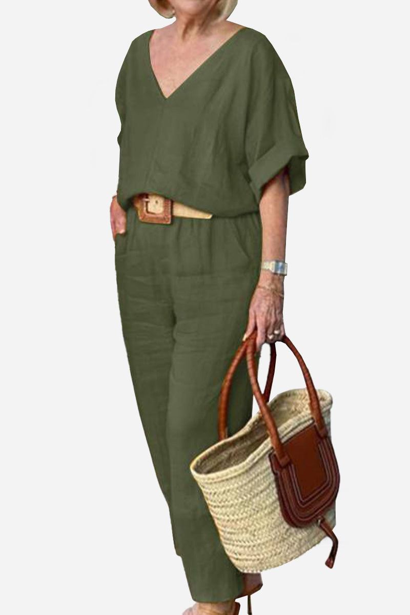 Lena | Women's V-Neck Two-Piece Set Short Sleeve Top Straight Pants