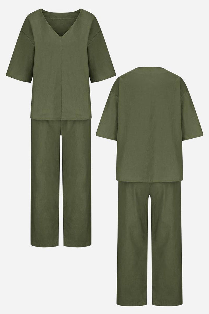 Lena | Women's V-Neck Two-Piece Set Short Sleeve Top Straight Pants
