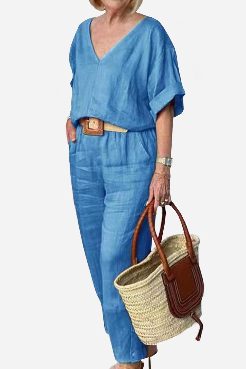 Lena | Women's V-Neck Two-Piece Set Short Sleeve Top Straight Pants
