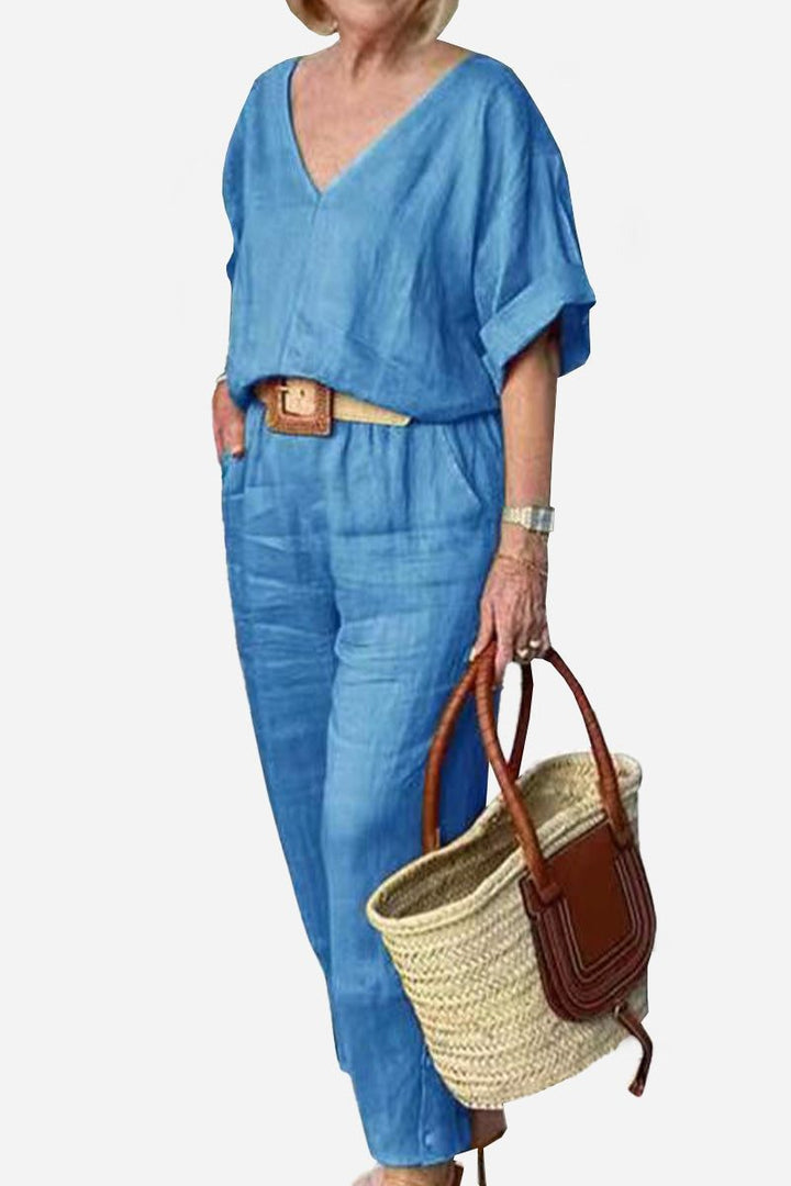 Lena | Women's V-Neck Two-Piece Set Short Sleeve Top Straight Pants