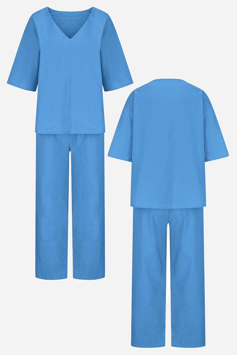 Lena | Women's V-Neck Two-Piece Set Short Sleeve Top Straight Pants