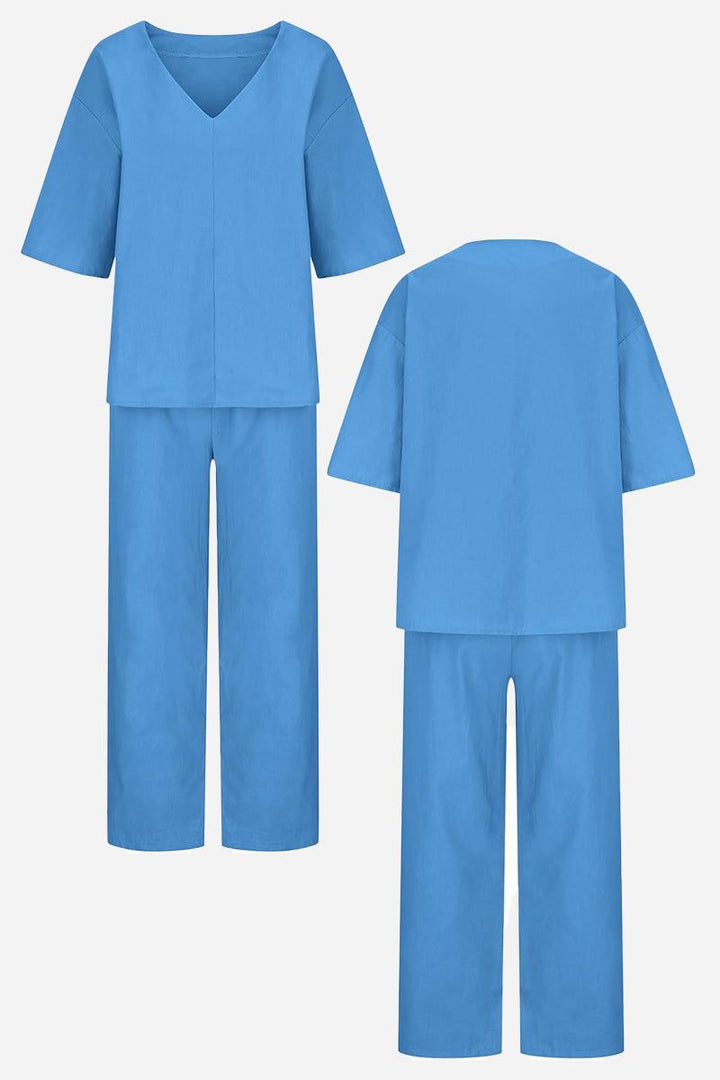 Lena | Women's V-Neck Two-Piece Set Short Sleeve Top Straight Pants