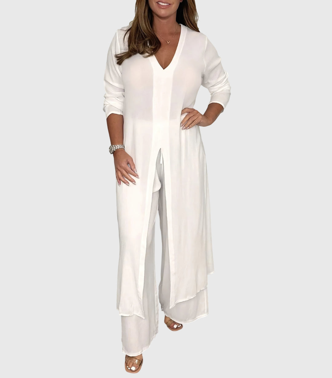 Serena | Women's Longline Cardigan Wide Leg Trousers Two-Piece Set