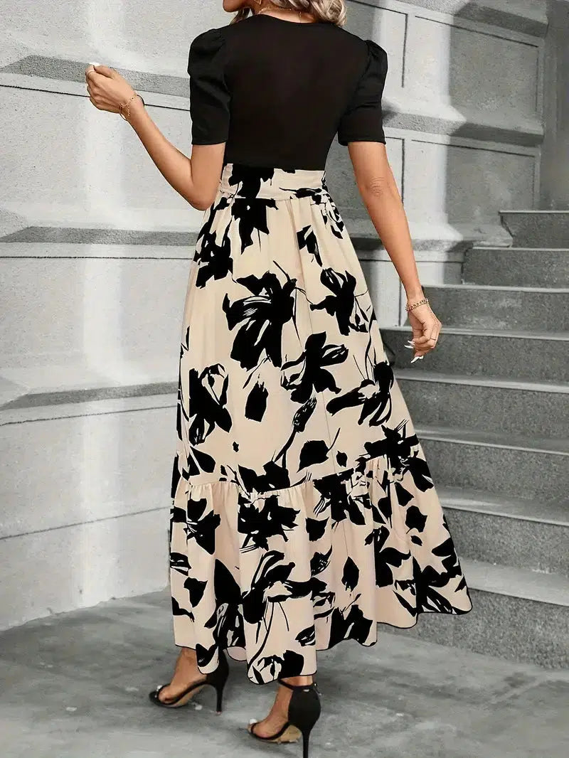 Isla | Women's High Waist Floral Print Short Sleeve Maxi Dress