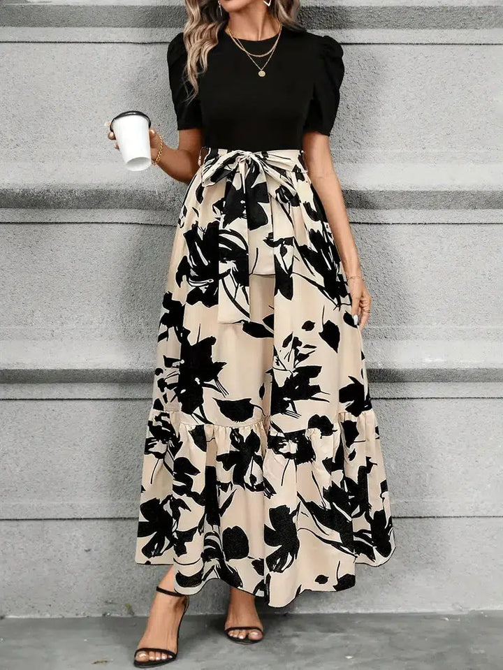 Isla | Women's High Waist Floral Print Short Sleeve Maxi Dress