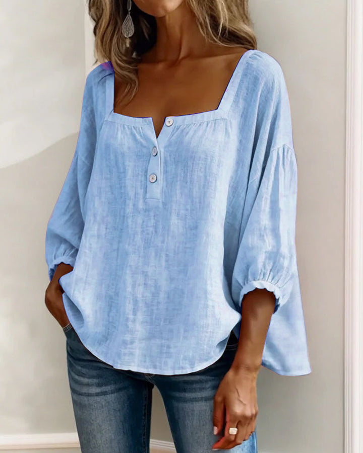 Daisy | Women's Square Neck Puff Sleeve Linen Blouse 3/4 Sleeve