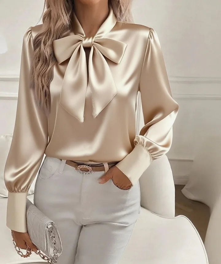Caldris | Women's Satin Bow Neck Long Sleeve Blouse - Image 3