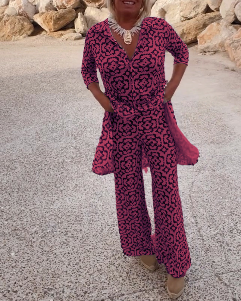 Livia | Women's Printed Two-Piece Set V-Neck Blouse & Wide-Leg Trousers