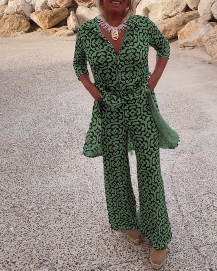Livia | Women's Printed Two-Piece Set V-Neck Blouse & Wide-Leg Trousers