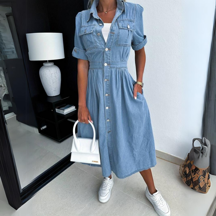 Demi | Women's Denim Shirt Dress Button Front Midi Skirt