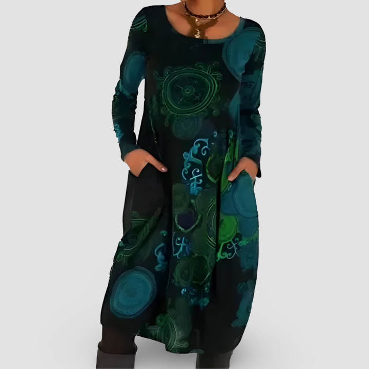 Vera | Women's Long Sleeve Midi Dress Printed Swing Dress with Pockets